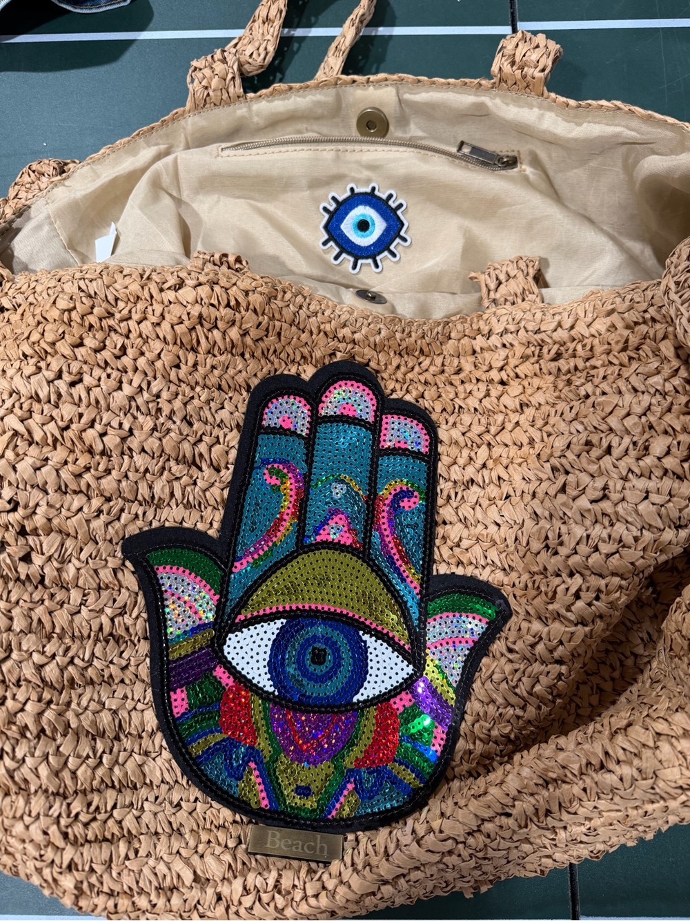 Straw Tote with Multicolor Sequin Hamsa Patch